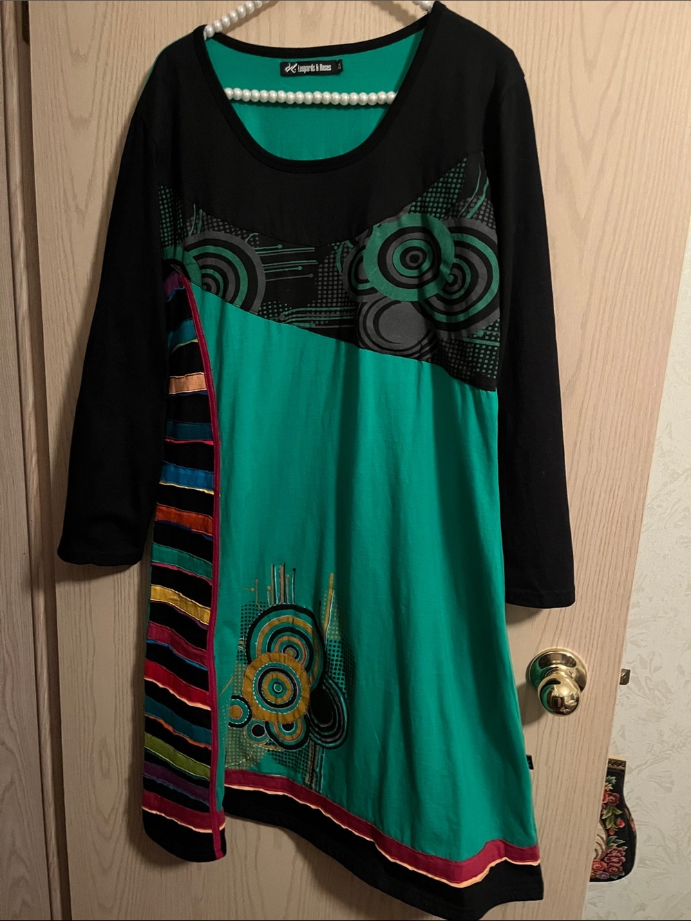 Desigual-Inspired Teal and Black Long Sleeve Graphic Dress